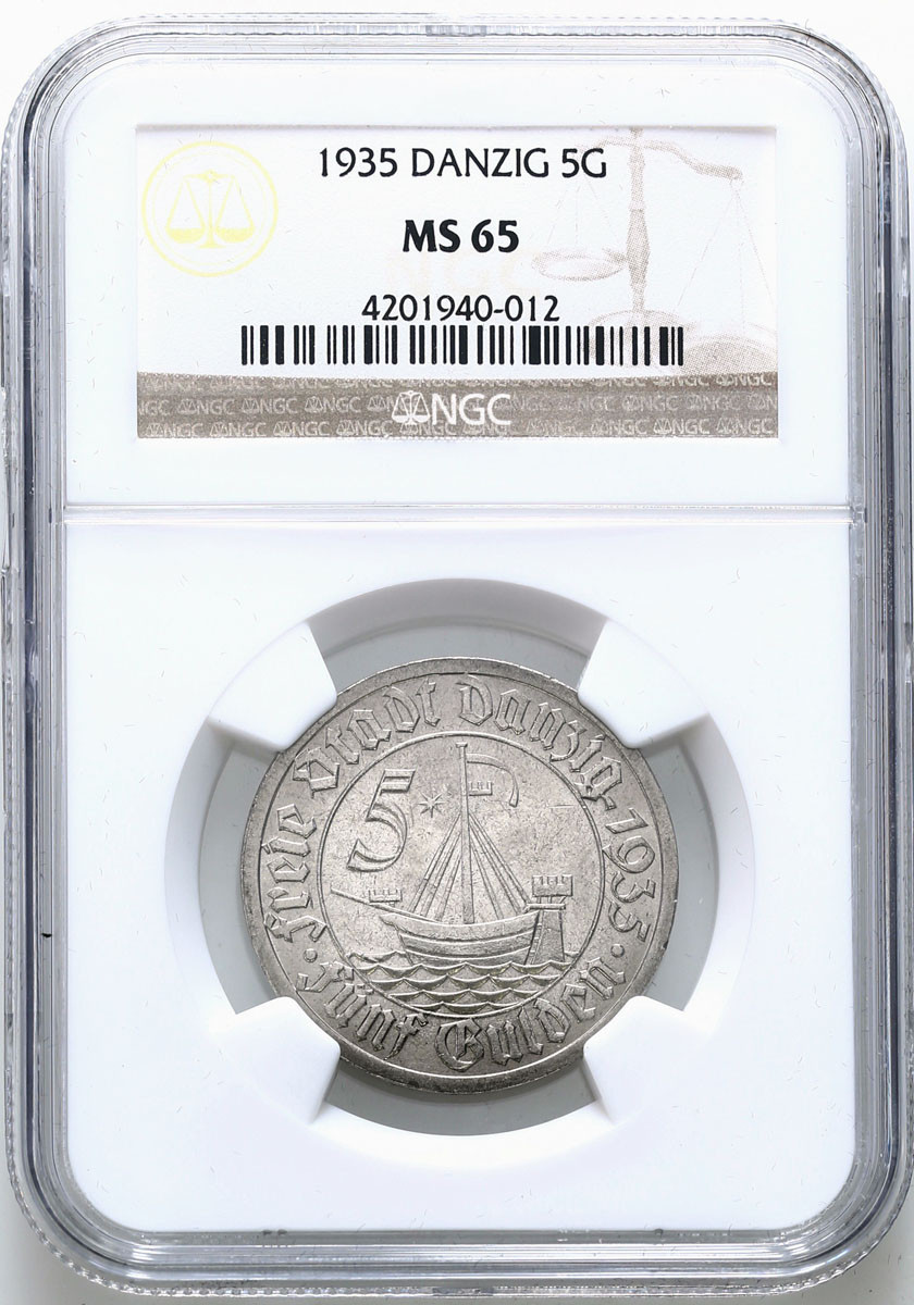 Wolne Miasto Gdańsk. 5 guldenów 1935 Koga NGC MS65 (2 MAX) - WYŚMIENITE